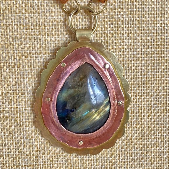 Labradorite Brutalist Handmade Cold Connections Copper and Brass Pendant Necklac - Picture 1 of 9